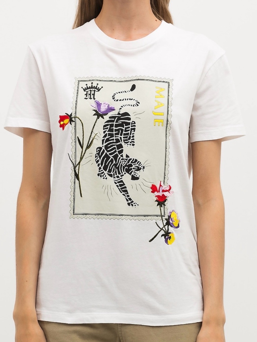 🐅 Maje White Tee with Black Tiger Stamp and Floral Embroidery SZ 1 / SM🥀